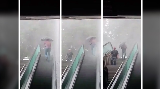 Sosyal medya üzerinden vatandaşların paylaştığı görüntülerde, metrodan çıkan bir kişinin anında geri döndüğü görülüyor.