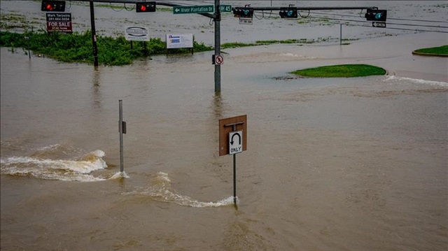 High levels of flood submerges a road after Hurricane Harvey hit Conroe, TX, United States on August 28, 2017. 