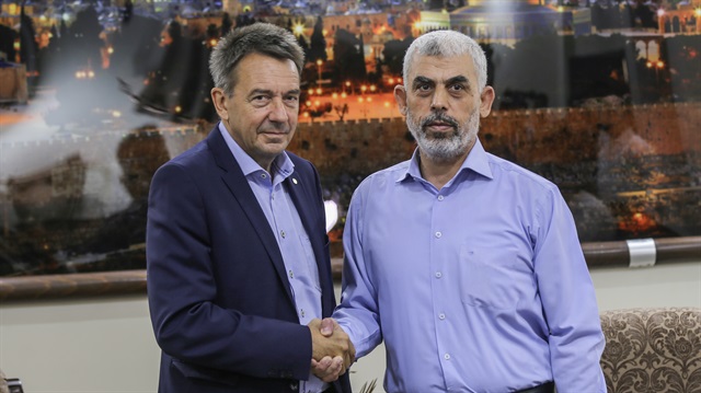 International Committee of the Red Cross President Peter Maurer (R) meets with Leader of Hamas in the Gaza Strip Yahya Sinwar (C) in Gaza City, Gaza on September 5, 2017.