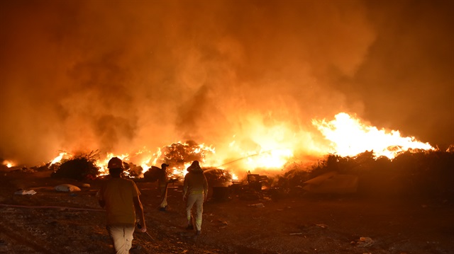 Bodrum'da çöplük alanda çıkan yangın, itfaiye ve orman işçilerince söndürülmeye çalışılıyor.