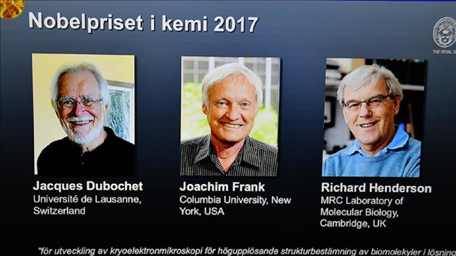 Photos of the winners of the Nobel Prize in Chemistry Jacques Dubochet, Joachim Frank and Richard Henderson are seen on a screen as Secretary General of the Royal Swedish Academy of Sciences Goran K. Hansson (not seen) announces the winner of the 2017 Nobel Prize in Chemistry at the Royal Swedish Academy of Sciences in Stockholm, Sweden on October 4, 2017. Hansson stated that, three scientist were awarded for developing cryo-electron microscopy for the high-resolution structure determination of biomolecules in solution.