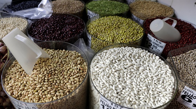 Different types of beans and grains are displayed in a store