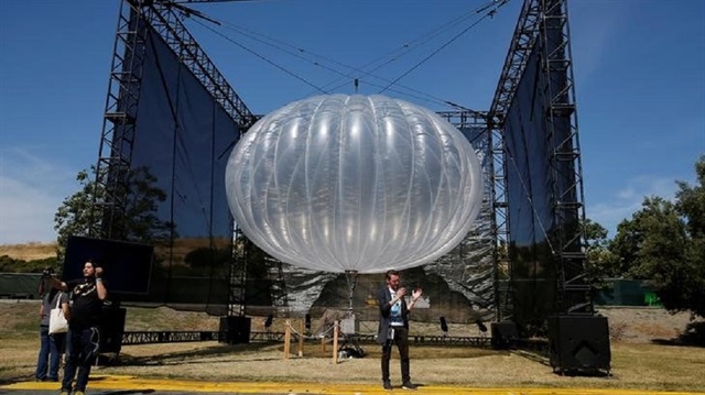 A Google Project Loon internet balloon is seen at the Google I/O 2016 developers conference in Mountain View, California.
