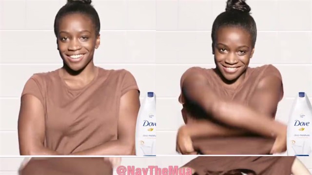Reklamda siyahi bir kadının Dove kullandıktan sonra beyaza dönüştüğü görülüyor.