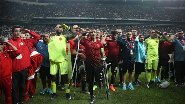 Footballers of Turkey celebrate their victory as they won the cup after the European Amputee Football Federation (EAFF) European Championship final match between Turkey and England at Vodafone Park in Istanbul, Turkey.