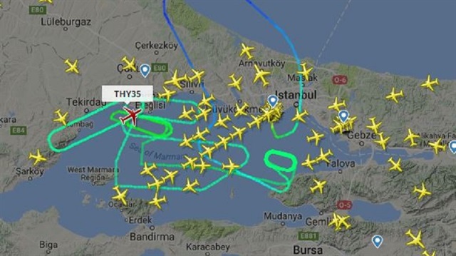 THY uçağının inişi gerçekleştirmek için havada attığı turu gösteren harita...