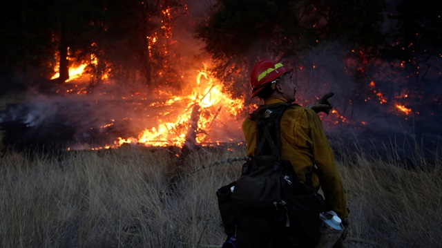 Firefighters battle a wildfire near Santa Rosa, California