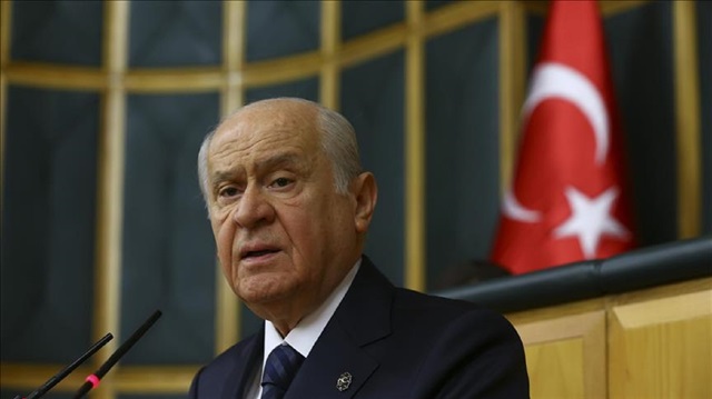 Turkey's Nationalist Movement Party's leader (MHP) Devlet Bahçeli delivers a speech during his party's group meeting at the Grand National Assembly of Turkey in Ankara