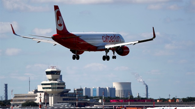 An aircraft operated by German carrier Air Berlin lands in Berlin's Tegel airport, Germany.