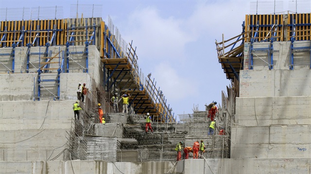Construction workers are seen in a section of Ethiopia's Grand Renaissance Dam
