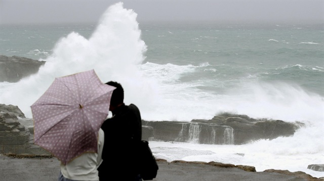 High waves caused by Typhoon Lan break on the shores of Senjojiki, Shirahama town