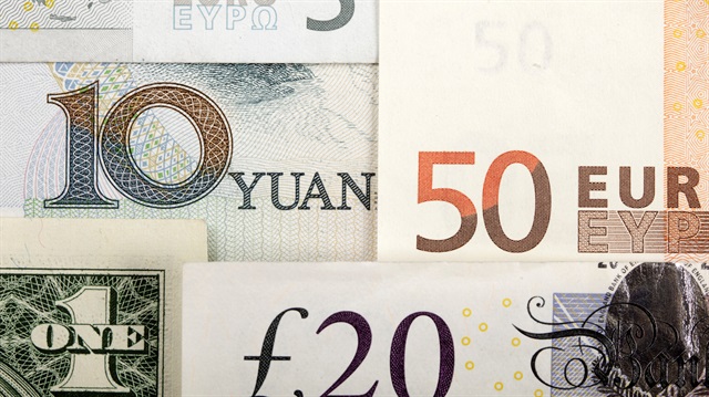 Arrangement of various world currencies including Chinese Yuan, US Dollar, Euro