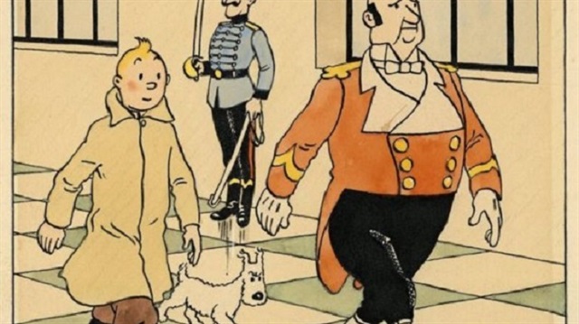 Yarım milyon dolara satılan çizimde genç gazeteci Tenten ve köpeği Boncuk, bir muhafızın koruduğu saray koridorunda kraliyet mabeyincisinin ardında yürürken görülüyor.