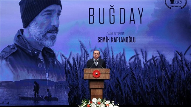 President of Turkey Recep Tayyip Erdoğan delivers a speech during the gala of the movie "Grain" directed by Turkish director Semih Kaplanoglu at the Bestepe National Congress and Culture Center in Ankara, Turkey