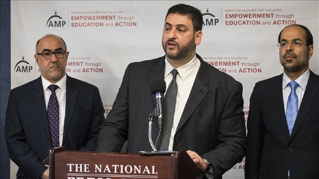 sama Abuirshaid (C), National Policy Director of the American Muslims for Palestine, speaks out with other U.S. organisations against the predictions that President Trump with move the United States embassy to Jerusalem at the National Press Club in Washington, United States 