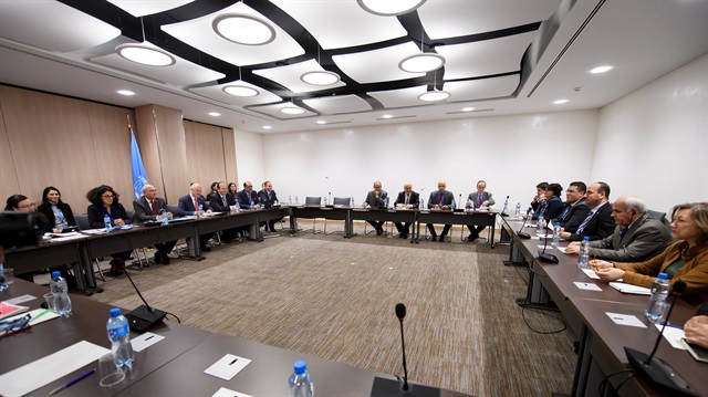 A general view of a meeting of Intra-Syria peace talks with Syrian Negotiation Commission (SNC) delegation and U.N Syria envoy Staffan de Mistura, prior to a round of negotiations, during the Intra Syria talks at the European headquarters of the United Nations in Geneva Switzerland.