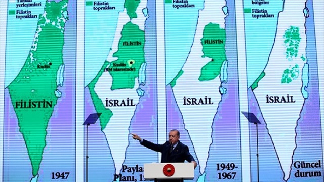 أردوغان يوضح بالخرائط مراحل احتلال فلسطين