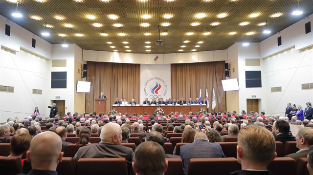 Officials of Russian Olympic Committee (ROC) and athletes attend a meeting on the country's participation at the 2018 Pyeongchang Winter Olympics, in Moscow, Russia December 12, 2017.