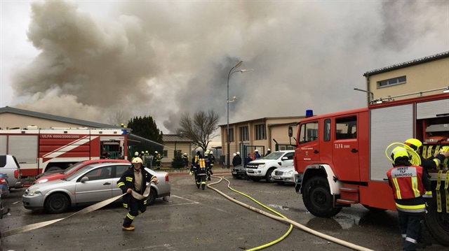 Emergency crews are seen attending to a fire after reports of a gas explosion in Baumgarten, Austria   