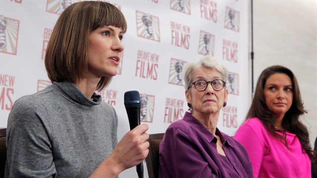 Rachel Crooks, a former receptionist in Trump Tower in 2005, Jessica Leeds and Samantha Holvey, a former Miss North Carolina, speak at news conference for the film "16 Women and Donald Trump" which focuses on women who have publicly accused President Trump of sexual misconduct, in Manhattan, New York, U.S.
