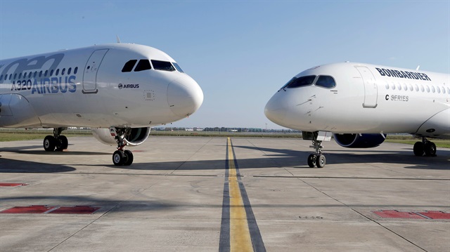 An Airbus A320neo aircraft and a Bombardier CSeries aircraft