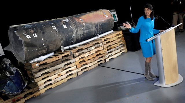 U.S. Ambassador to the United Nations Nikki Haley briefs the media in front of remains of Iranian "Qiam" ballistic missile provided by Pentagon at Joint Base Anacostia-Bolling in Washington, U.S.