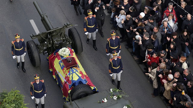 The coffin of late Romanian King Michael is carried during a funeral ceremony in Bucharest