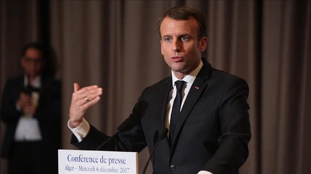 French President Emmanuel Macron delivers a speech on US President Donald Trump’s recognition of Jerusalem as Israel’s capital, during a press conference in Algiers, Algeria 