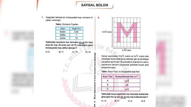 örnek sorular Milli Eğitim Bakanlığı’nın (MEB) internet sitesinde yayımladı.