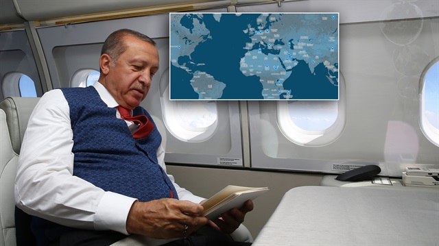 Cumhurbaşkanı Recep Tayyip Erdoğan 2017 yılında yaptığı seyahatlerde dünyanın etrafını 4 kez dolaştı.