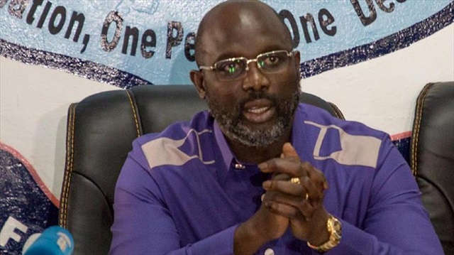 George Weah, President-elect of Liberia addresses journalists during a press conference at Coalition for Democratic Change (CDC) Party's headquarters in Monrovia, Liberia