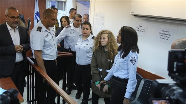 The 16-year-old Palestinian Ahed al-Tamimi, who was awarded the "Hanzala Award for Courage" in Turkey, appears in court after she was taken into custody by Israeli soldiers, at Ofer Prison in Ramallah, West Bank