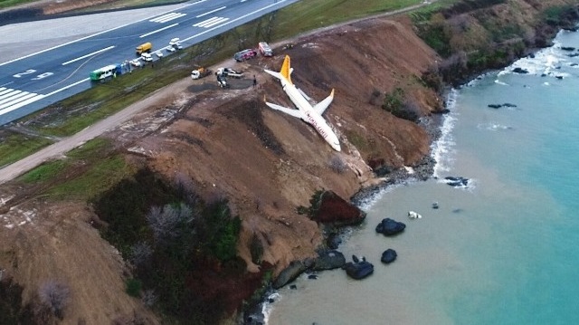 Pegasus Havayolları’nın Trabzon’da pistten çıkan uçağı günün ağarması ile birlikte havadan görüntülendi. 