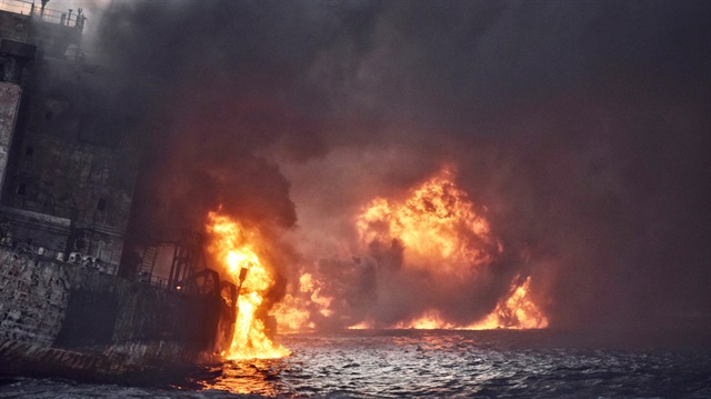 Iranian oil tanker Sanchi is seen engulfed in fire in the East China Sea, in this January 13, 2018 picture provided by Shanghai Maritime Search and Rescue Centre and released by China Daily. 