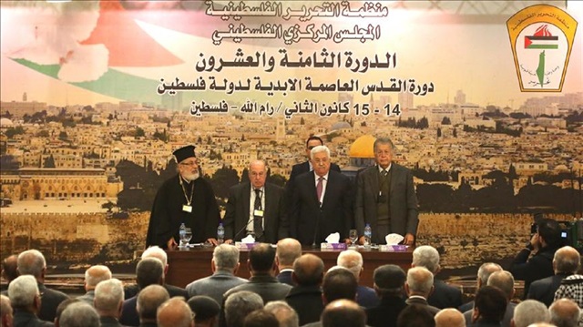 Palestinian President Mahmoud Abbas (2nd R) attends to the 28th session of the Palestinian Central Council, based on the Palestinian Liberation Organization (PLO) which is being held under the title of "Jerusalem, the eternal capital of the State of Palestine" in Ramallah, West Bank on January 14, 2018. 90 out of 110 noble members of the Palestinian Central Council and around 350 Palestinian officials have attended to the meeting.