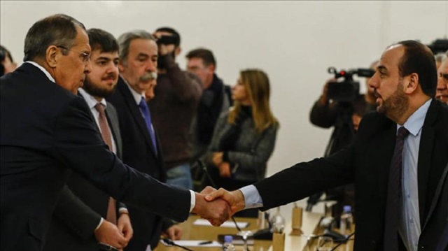 Russian Foreign Minister Sergei Lavrov (L) meets Head of Syrian opposition delegation, Naser al-Hariri (R) in Moscow, Russia.