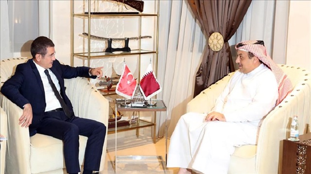 Turkish Minister of Defense Nurettin Canikli (L) and Minister of State for Defense of Qatar Khalid bin Mohammad Al Attiyah (R) are seen during their meeting in Doha, Qatar