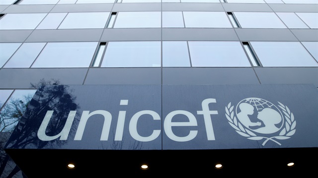 A UNICEF logo is pictured outside their offices in Geneva