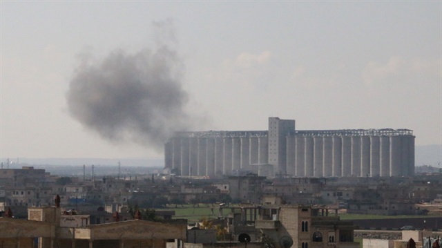 Smoke rises after an airstrike over Saraqib town of Idlib in Syria on January 28, 2018.