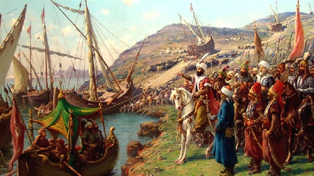 Fausto Zonaro’nun XIX. yüzyılın sonlarında yaptığı İstanbul’un kuşatılması sırasında “Osmanlı Donanmasının karadan Haliç’e indirilmesi” adlı tablosu. Günümüzde Dolmabahçe Sarayı’nda sergilenmektedir.