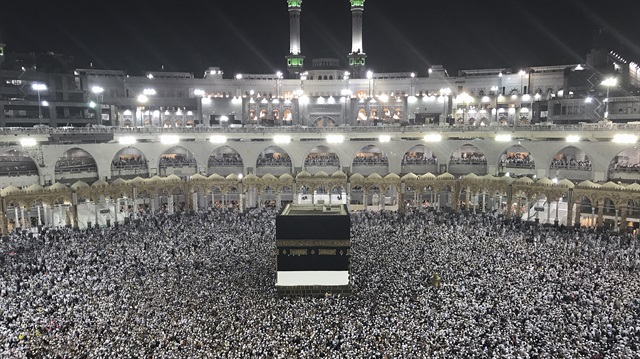 Muslim prospective Hajj pilgrims at Masjid al-Haram in Mecca