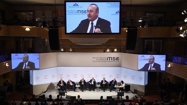 Mevlüt Çavuşoğlu speaks at a panel discussion at the Munich Security Conference.