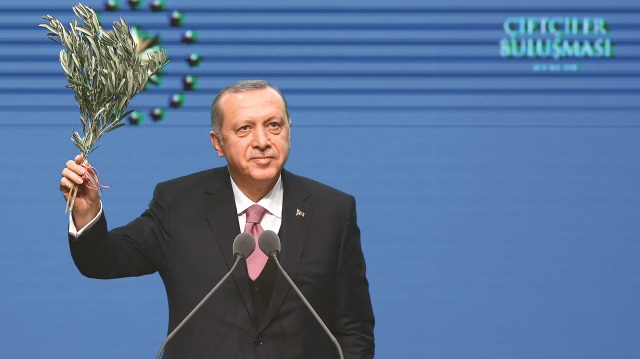 Erdoğan, çiftçilerle buluşmasında kürsüye zeytin dalıyla çıktı.