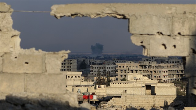 Smoke rises after Assad Regime carried out an airstrike to Arbin town of Eastern Ghouta in Damascus, Syria on February 24, 2018