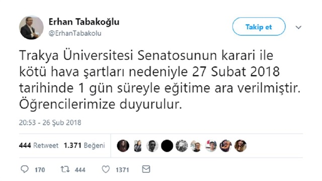 Trakya Üniversitesi tatil mi sorusu yanıtını buldu. 