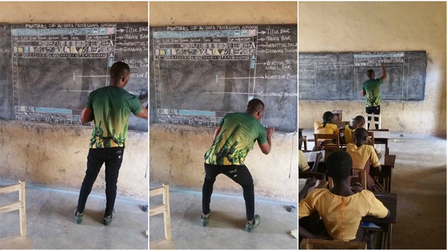 Richard Appiah Akoto adlı öğretmen, bilgisayar ekranında görülen imgeleri kara tahta üzerine yazdığı açıklamalarla anlatmaya çalışıyor.