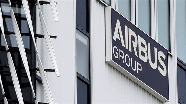The logo of Airbus is pictured during Airbus annual press conference on the 2017 financial results in Blagnac near Toulouse