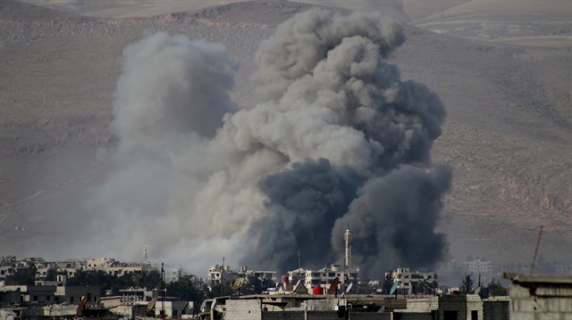 A warcraft of Assad regime launches a missile over Eastern Ghouta, Damascus, Syria on March 02, 2018. The UN Security Council on February 24 adopted a resolution calling for a 30-day cease-fire in Syria to allow for humanitarian aid deliveries. The cease-fire decision came as regime forces intensified attacks on Eastern Ghouta in recent days, killing 23 people more added to several hundred others.