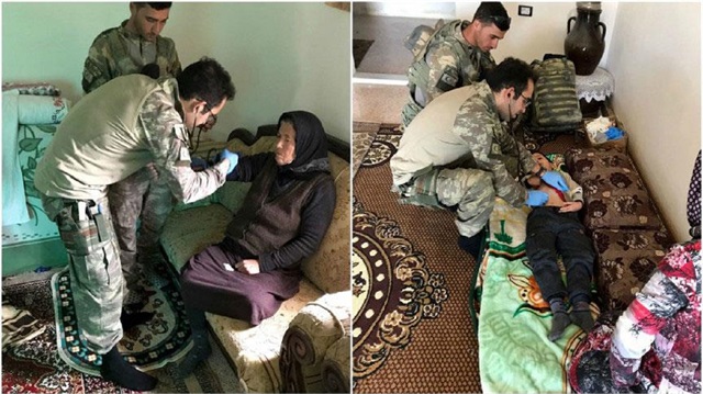Turkish soldiers take off boots before entering civilian homes, distribute medicines in recently-liberated Hasirki village