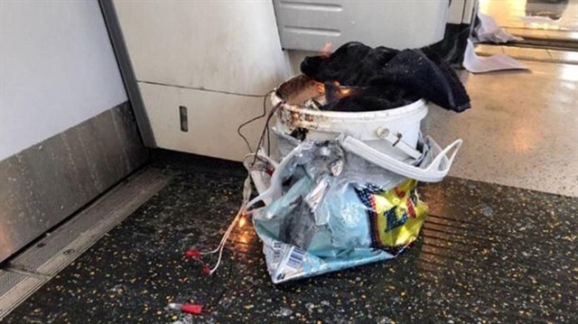 The explosive device, left by Ahmed Hassan, can be seen still smoking on the underground train at Parsons Green tube station in London, Britain. Picture supplied March 16, 2018.